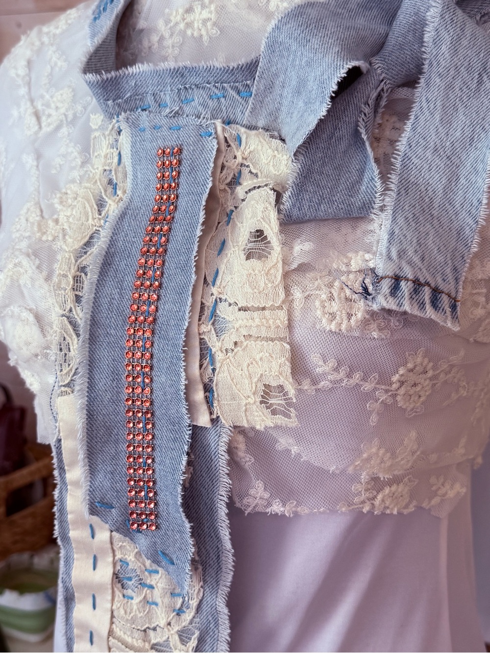 Hand Crafted Necktie Scarf Jabot Upcycled Denim Vintage Lace Artisan OS - Picture 5 of 9
